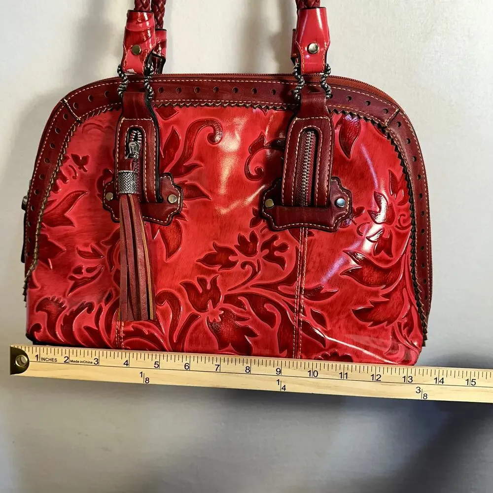 Madi Claire Red Embossed Western Satchel Shoulder Bag Tassel Floral Tooled Purse